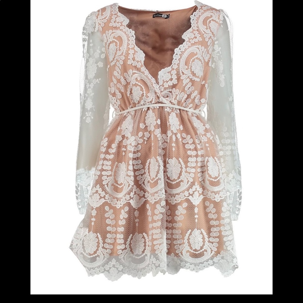 Boohoo Lace Plunge Skater Dress - Size 10, White
